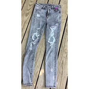 American Eagle Super Super Stretch High Rise Jegging Gray Distressed Jeans Sz 0